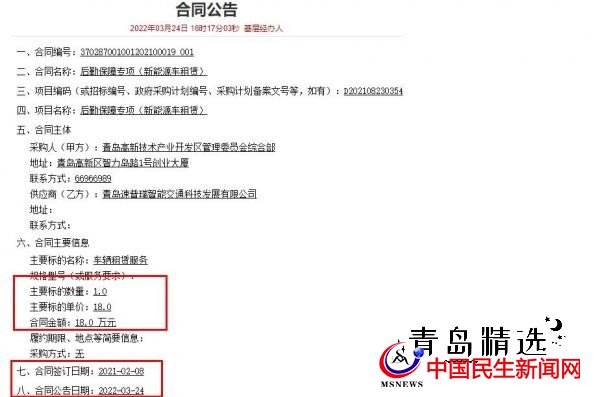 18萬就租了輛新能源車?青島高新區(qū)被疑花錢大手大腳